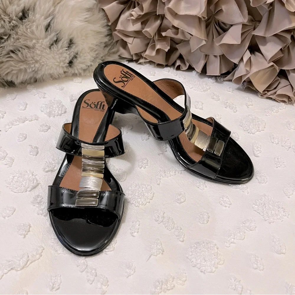Sofft Wedge Black Spatenstich Leather Slide Slip On Open Toe Mule Sandals Sz 7N